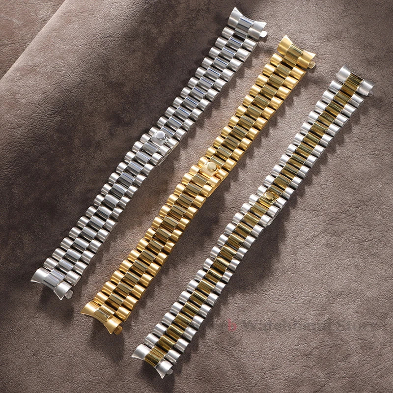 Bracelet en métal massif de 20mm pour bracelet en acier inoxydable à extrémité incurvée Rolex pour boucle présidentielle Oyster pour hommes argent or