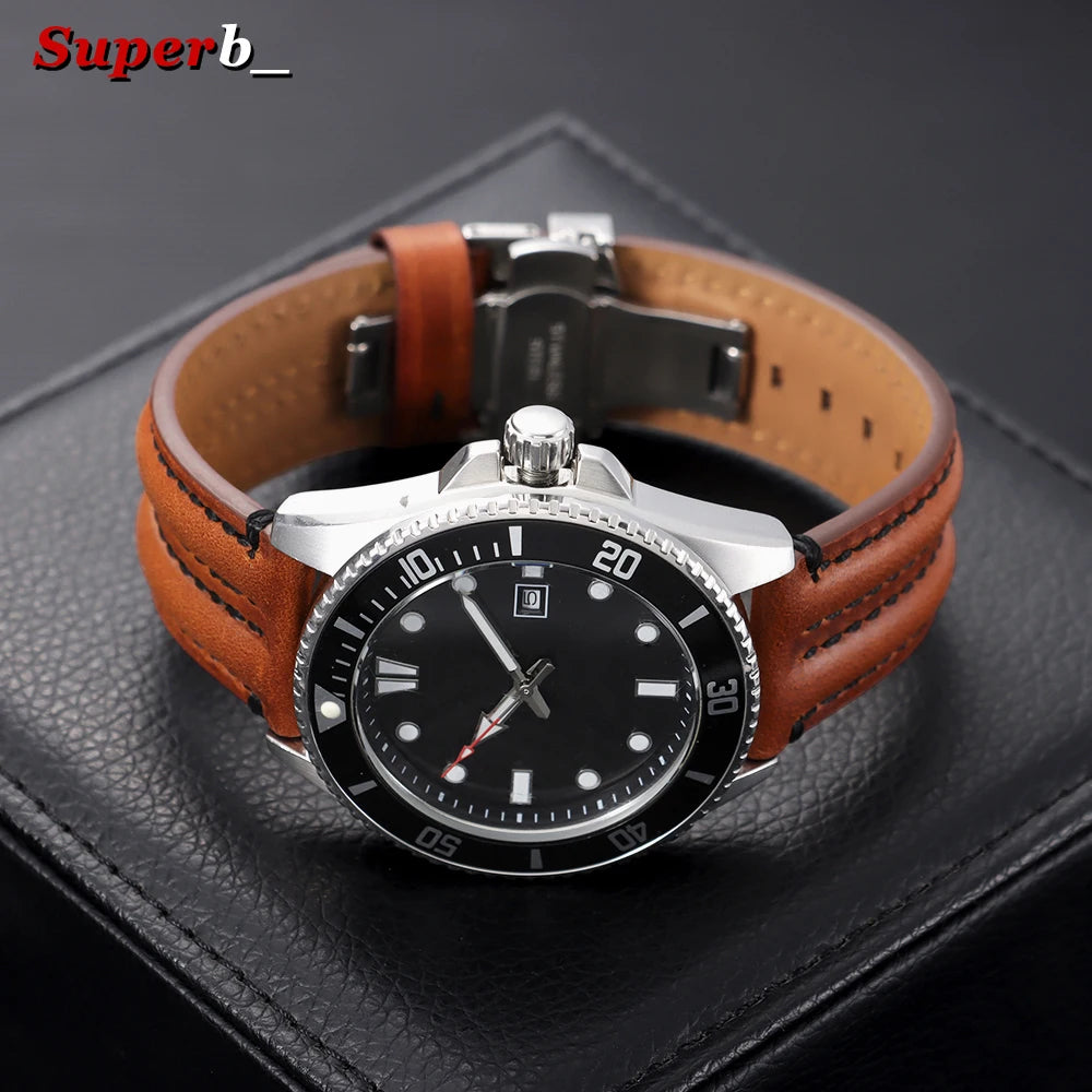 Bracelet en cuir de vache véritable pour hommes, 20mm, 22mm, 24mm, pour montre Seiko Vintage en cuir marron, bracelet de montre à fermoir papillon pour Omega