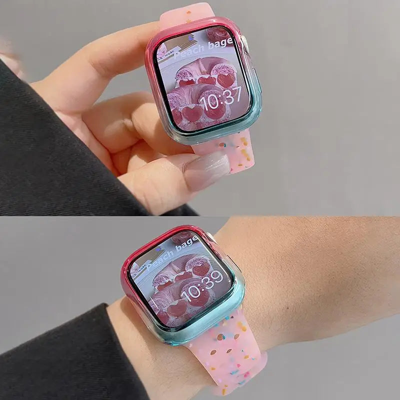 Ensemble de coques dégradées avec bracelet en silicone couleur gelée pour Apple Watch 49mm 45mm 46mm 44mm 41mm 40mm 38mm