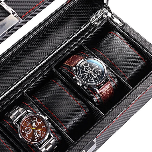 Men's watch box, 3/5/6 slot watch organizer, watch case, carbon fiber design real glass top, smooth faux leather interior