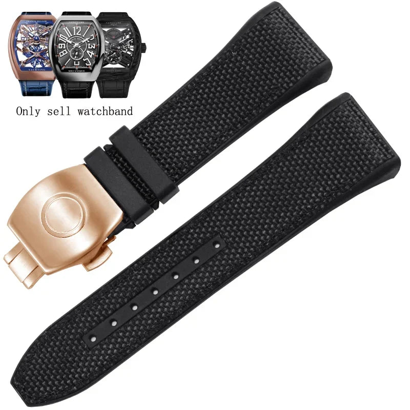 Bracelet de montre pliable en nylon et cuir véritable, bracelet de montre en silicone, noir, bleu, haute qualité, compatible avec Franck Muller, série V45, 28mm