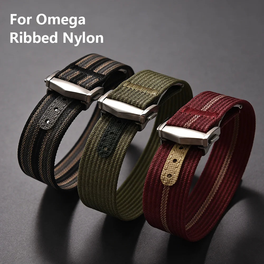Ribbed Nylon Military Watch Strap 18mm 20mm 22mm with FKM Rubber Deployment Buckle, Sports Bracelet for Men Omega/Tudor/Seiko