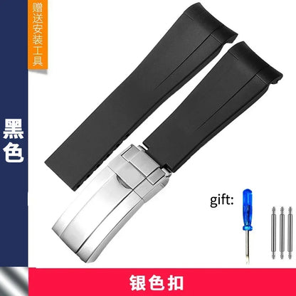 Rubber Watch Band, 20mm 21mm, for Rolex Submariner DAYTONA GMT Yacht-Master, Black Silicone Strap
