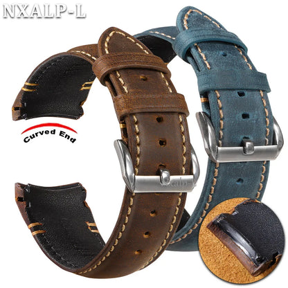 High Quality Oiled Cowhide Leather Watch Strap 20mm 22mm Curved End Handmade for Omega, Rolex, Universal Bracelet