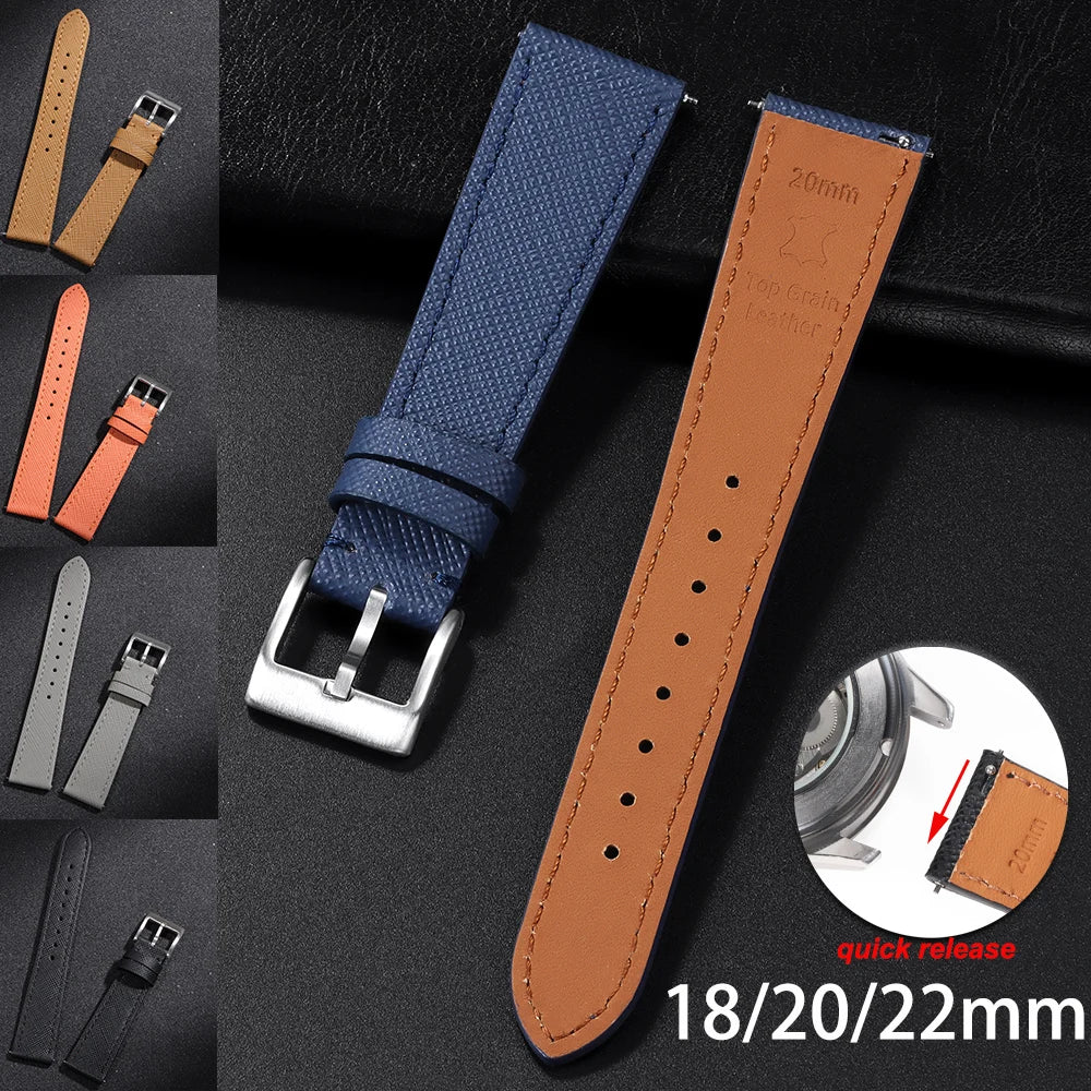Bracelet de montre en cuir vintage cousu 18/20/22 mm, à libération rapide, universel, qualité supérieure, Saffiano, pour hommes et femmes