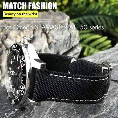 Cinturino per orologio in pelle e nylon con fibbia deployante di alta qualità, 20mm 21mm 19mm, per Omega Seamaster AQUA TERRA 150 GMT, estremità curva