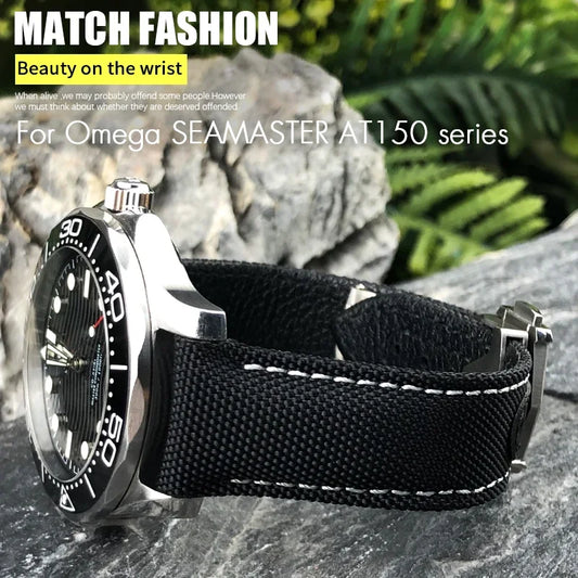 High Quality Leather and Nylon Watch Strap with Folding Clasp, 20mm 21mm 19mm, for Omega Seamaster AQUA TERRA 150 GMT, Curved End