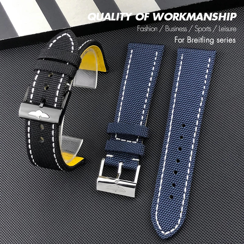 Bracelet de montre en cuir et nylon épais de qualité, 21mm 22mm, pour Breitling Avenger CHRONOMAT NAVITIMER SUPEROCEAN, bracelet de montre à fond jaune