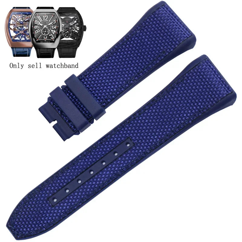 Bracelet de montre pliable en nylon et cuir véritable, bracelet de montre en silicone, noir, bleu, haute qualité, compatible avec Franck Muller, série V45, 28mm
