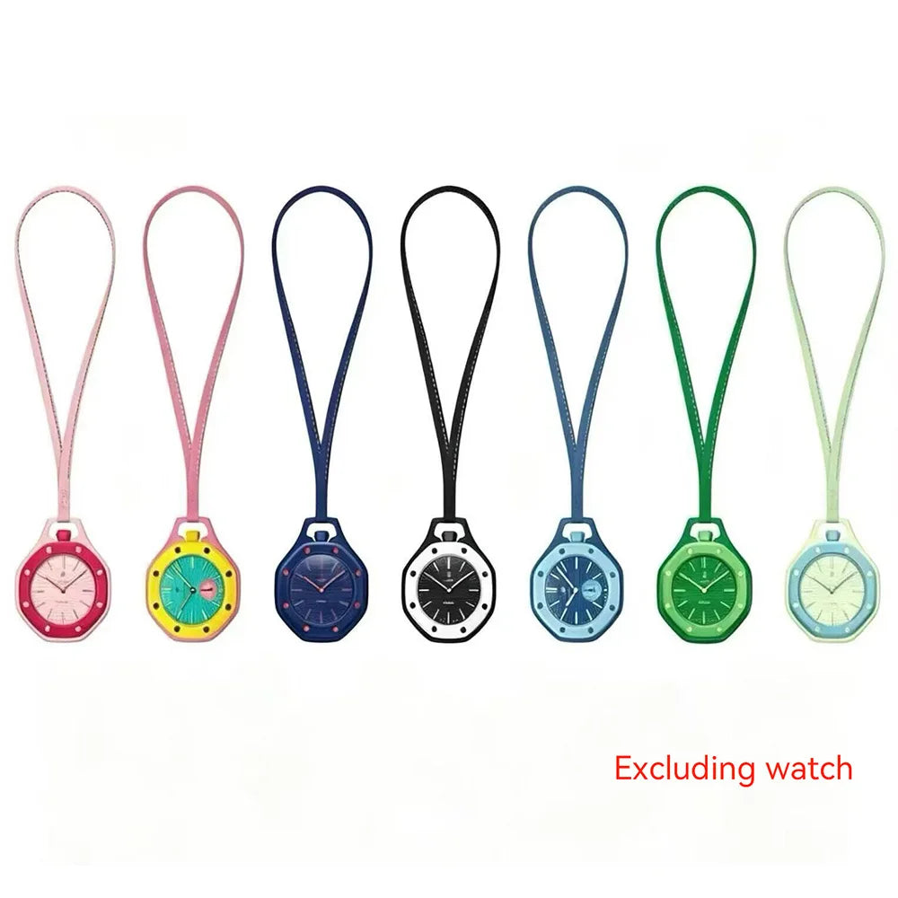 Cordon en cuir + anneau en biocéramique pour montre de poche Swatch Royal Pop, support de pendentif à accrocher au cou, cuir de veau de qualité supérieure avec surpiqûres
