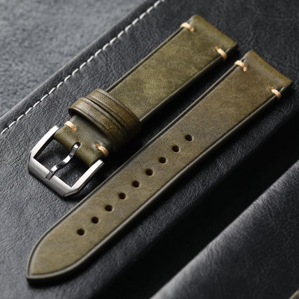Genuine Leather Bracelet for Men, Handmade, Italian Head, Vintage Style, 18 19 20 21 22MM, Black, Brown, Grey, Green