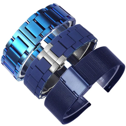 Men's and Women's Blue Stainless Steel Watch Band, Metal Strap Straight End Watchband Fashion Watch, 8mm, 10mm, 12mm, 16mm, 18mm, 20mm, 21mm, 22mm