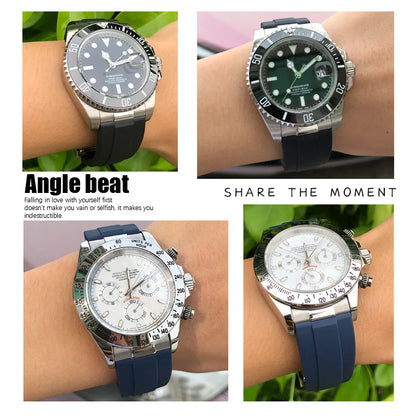 Cinturino per orologio in gomma a maglie metalliche, estremità curva, 20 mm, per orologio Rolex Daytona GMT Yacht Master Submariner, cinturino verde alla moda