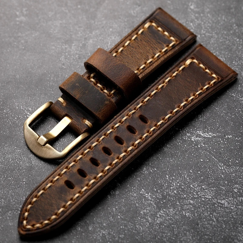 Cinturino per orologio in pelle bovina da uomo, fatto a mano, primo strato, 20 21 22 24 26MM, Vintage, bronzo, spesso, stile vintage