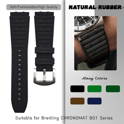 Natural Bubber watch strap 24mm, for Breitling Chronomat B01, black, green, blue, brown, soft fluorinated Silicone, 22mm