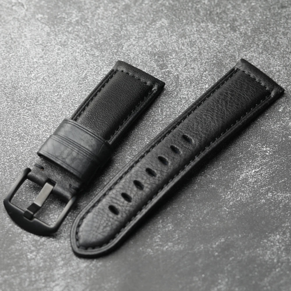 Handmade Leather Watch Strap Black 20 22 24 26MM Head Layer Cowhide Men's Mechanical Watch Band, Retro Style Black Strap