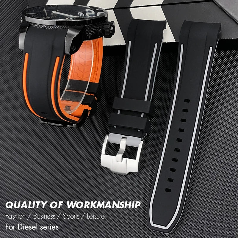 Cinturino per orologio in gomma e silicone con estremità curva da 24 mm, per DIESEL oversize da 57 mm, modelli DZ7395, DZ7396, DZ7435, DZ7313, cinturino morbido colorato