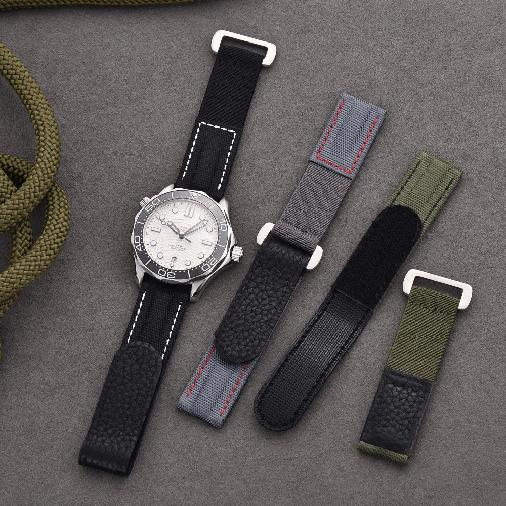 Bracelet de montre hybride en cuir et Nylon militaire, 20mm, respirant, boucle à crochet, bleu pâle, remplacement Premium