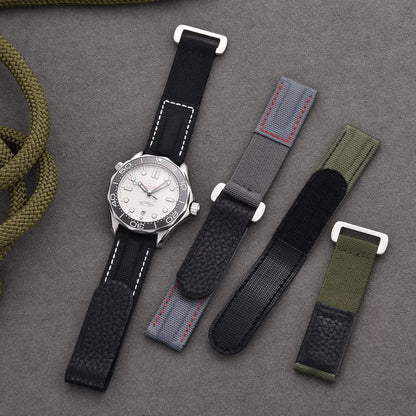 Bracelet de montre hybride en cuir et Nylon militaire, 20mm, respirant, boucle à crochet, bleu pâle, remplacement Premium