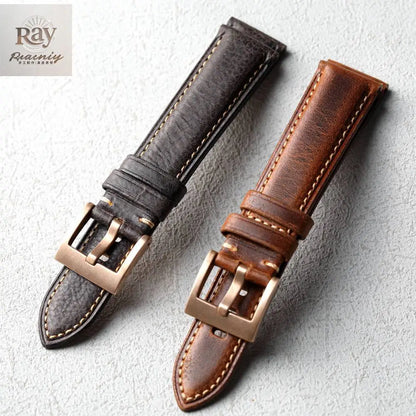 High-end leather strap, 20MM 22MM, bronze clasp, thick leather strap for men, retro style, suitable for bronze watch bracelet