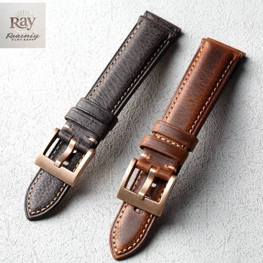 High-end leather strap, 20MM 22MM, bronze clasp, thick leather strap for men, retro style, suitable for bronze watch bracelet