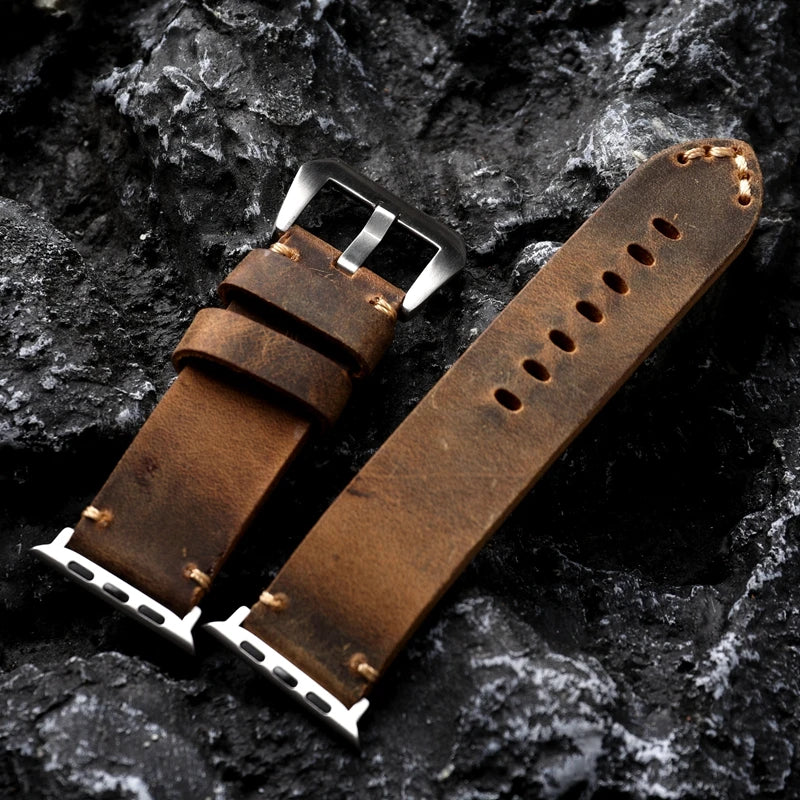 Cinturino per orologio da uomo in pelle bovina fatto a mano per Iwatch, nero e marrone, per Apple Watch 8/7 Ultra, spessore 45 49MM
