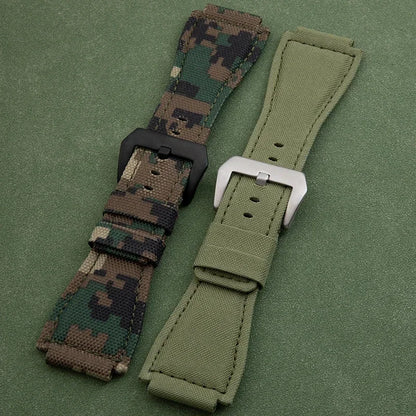 Soft Nylon Canvas Watch Strap, Green Camouflage, 34x24mm, for Bell Bracelet, Suitable for BR01 BR03 Ross, Convex End Pin Buckle