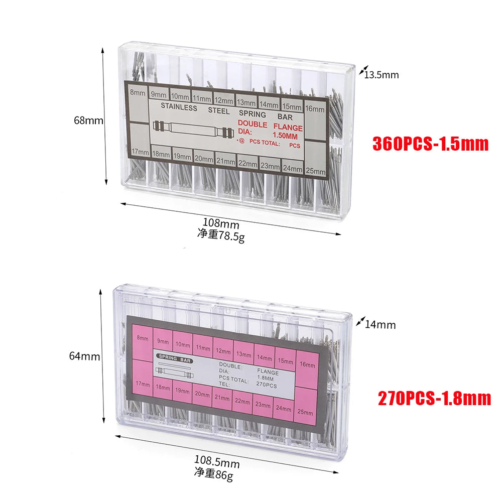 Barres à ressort en acier inoxydable, 360mm/1.5mm, longueur 8mm- 25mm, goupille de liaison en métal pour bracelet de montre, outils de réparation de montres, 1.8 pièces/ensemble