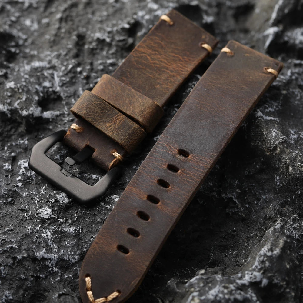 Men's Vintage Handmade Watch Strap, Top Layer, Thickened, Handcrafted, Dark Brown, Fits GT3 4, 20mm, 21mm, 22mm, 23mm, 24mm, 26mm