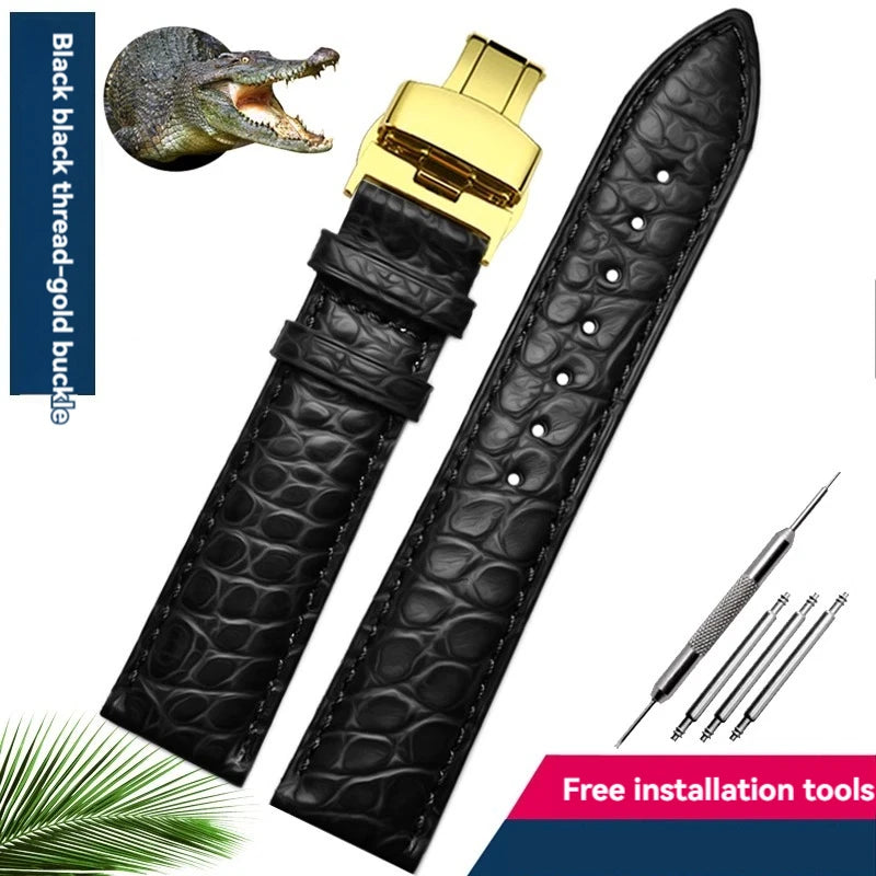 Bracelet en peau de crocodile véritable pour homme et femme, bracelet en alligator, fermoir papillon, Longines, Omega, Mido, Tissot, Rossini, 16mm, 18mm, 20mm, 22mm