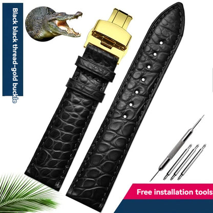 Bracelet en peau de crocodile véritable pour homme et femme, bracelet en alligator, fermoir papillon, Longines, Omega, Mido, Tissot, Rossini, 16mm, 18mm, 20mm, 22mm