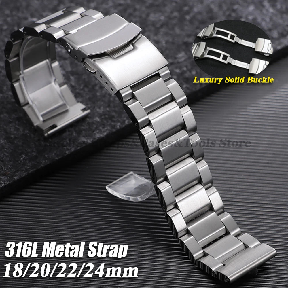 Solid 316L stainless steel watch bracelet, 18mm 20mm 22mm 24mm, for Seiko, Rolex, and Omega, luxury folding clasp bracelets
