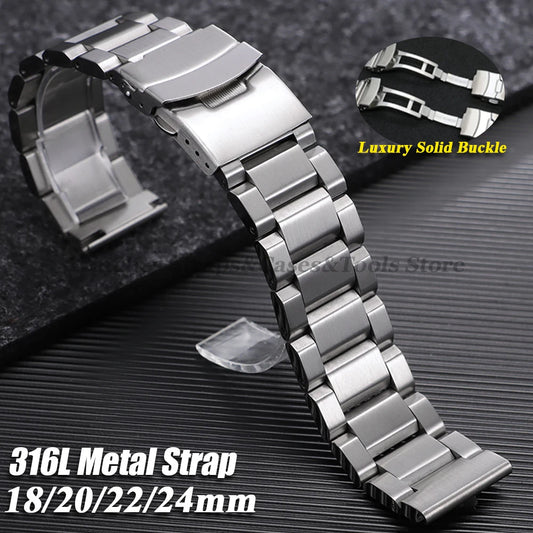 Bracciale per orologio in acciaio inossidabile 316L massiccio, 18 mm, 20 mm, 22 mm, 24 mm, per Seiko, Rolex e Omega, bracciali di lusso con chiusura pieghevole.