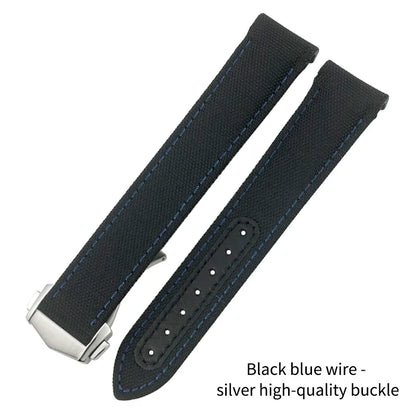 Cinturino per orologio in pelle e nylon con fibbia deployante di alta qualità, 20mm 21mm 19mm, per Omega Seamaster AQUA TERRA 150 GMT, estremità curva
