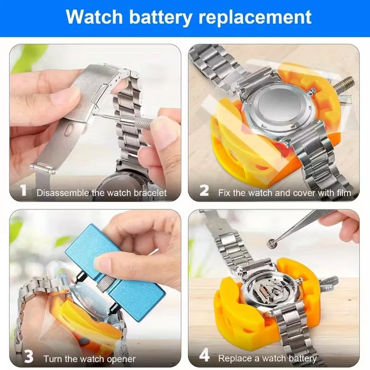4 kits de remplacement de piles de montre professionnels, idéaux pour les horlogers et les amateurs, dissolvant de couverture arrière de montre
