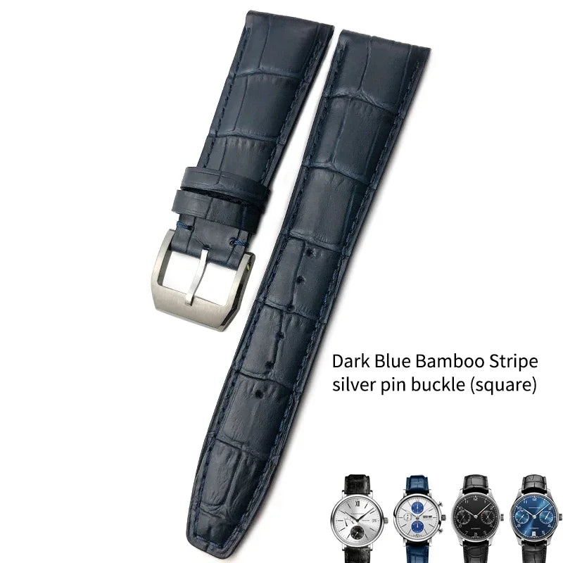 Bracelet de montre en cuir de veau véritable, grain d'alligator, compatible avec IWC Pilot Portuguese Serie, disponible en noir, marron et bleu