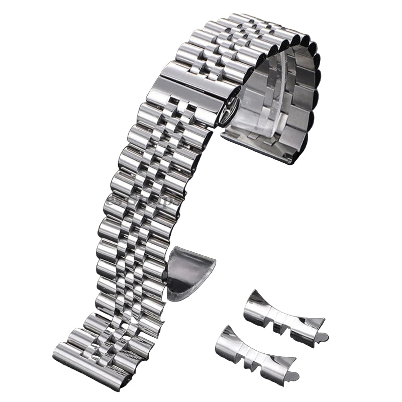 Solid steel watch bracelet for Rolex, flat and curved ends - with tool