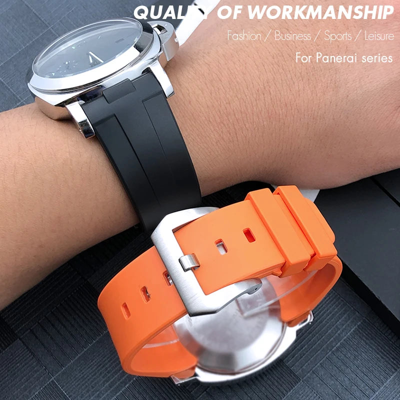 Bracelet de montre en caoutchouc et Silicone 24mm, extrémité incurvée pour PANERAI, boucle pliante, noir, vert, Orange, Bracelets de plongée, outils gratuits
