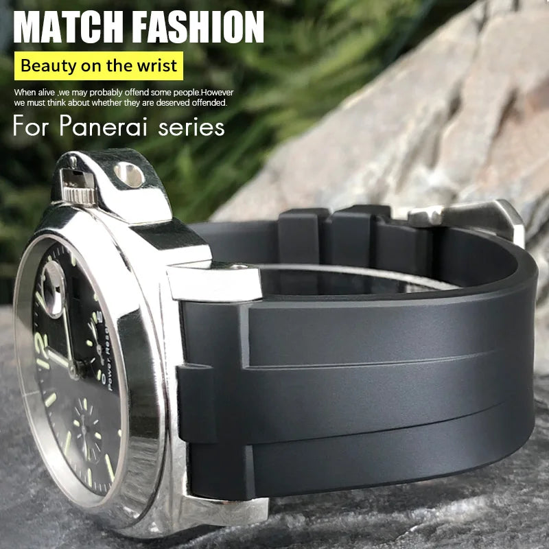 Bracelet de montre en caoutchouc naturel à extrémité incurvée de 24mm, pour Panerai LUMINOR SUBMERSIBLE PAM, en Silicone, étanche, boucle papillon