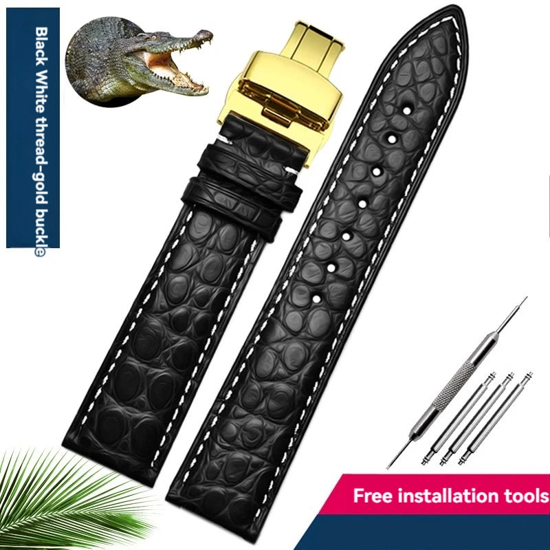 Bracelet en peau de crocodile véritable pour homme et femme, bracelet en alligator, fermoir papillon, Longines, Omega, Mido, Tissot, Rossini, 16mm, 18mm, 20mm, 22mm