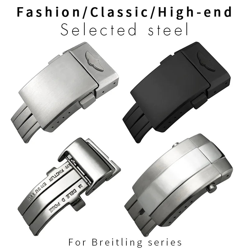 Fermoir déployant en acier inoxydable pour bracelet de montre Breitling en cuir/caoutchouc, accessoires 18mm 20mm, boucle pliante noir argent