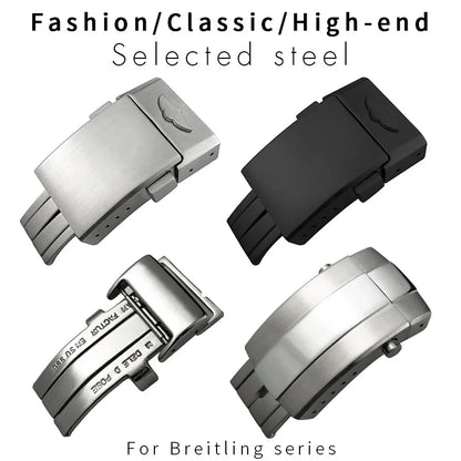 Fermoir déployant en acier inoxydable pour bracelet de montre Breitling en cuir/caoutchouc, accessoires 18mm 20mm, boucle pliante noir argent