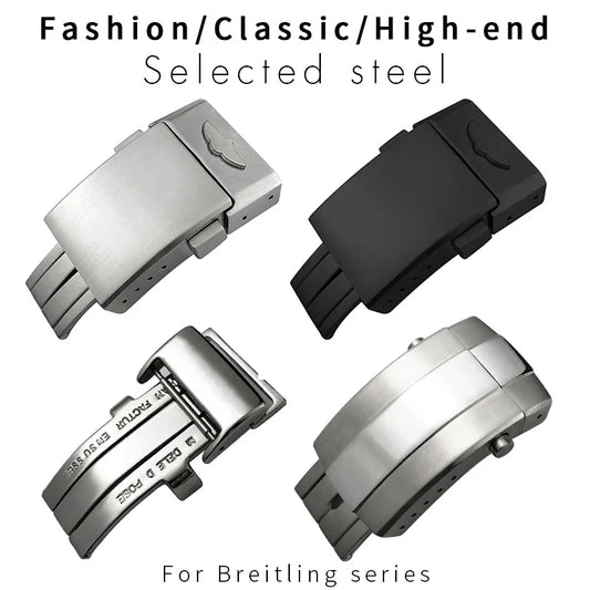 Fermoir déployant en acier inoxydable pour bracelet de montre Breitling en cuir/caoutchouc, accessoires 18mm 20mm, boucle pliante noir argent