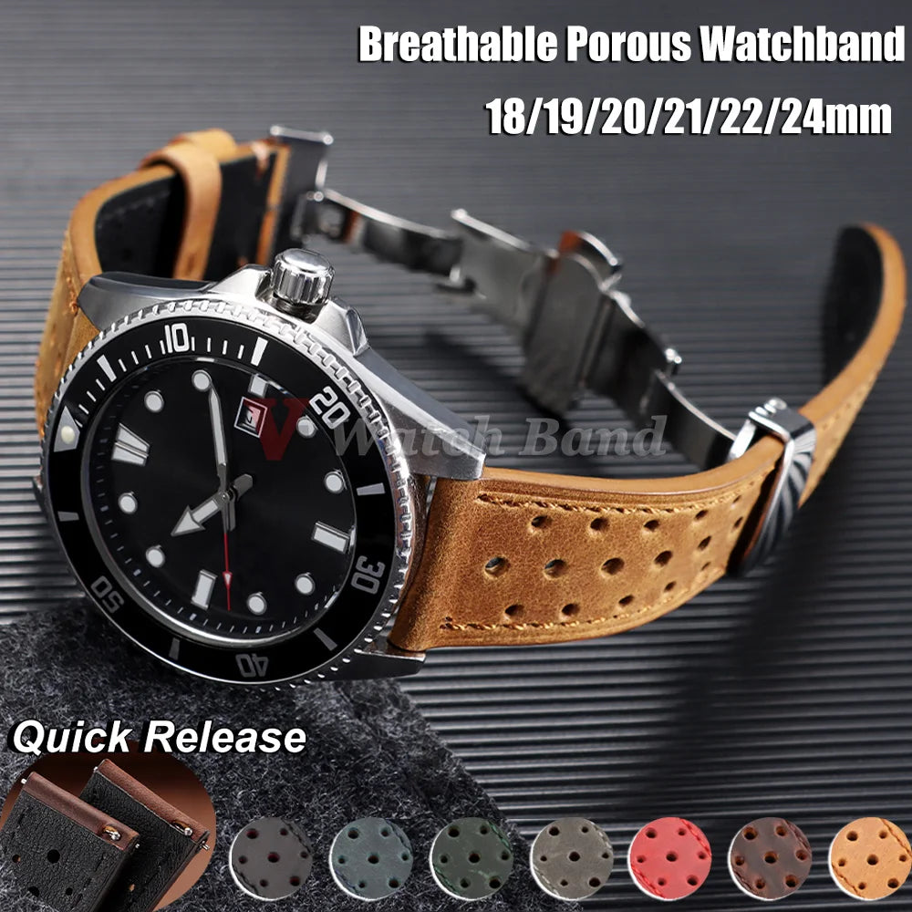 Bracelet de montre vintage de course à dégagement rapide, marron, respirant et poreux, 18mm 19mm 20mm 21mm 22mm 24mm, avec boucle papillon