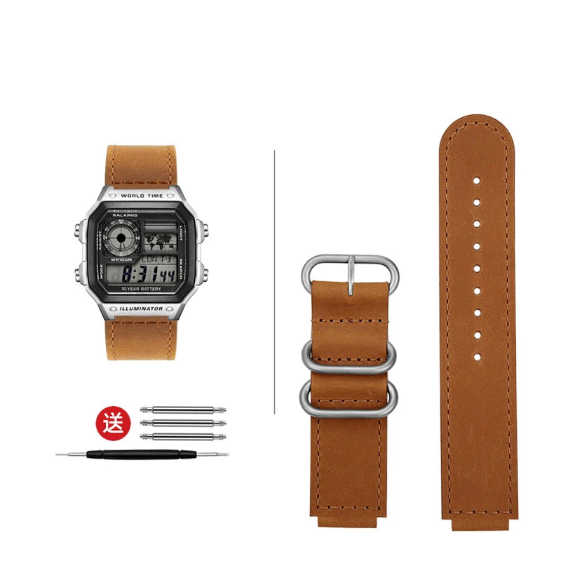 High-quality vintage leather watch strap for Casio 3299 AE-1200 AE-1300 AE-1500 SGW-300/400 w218h, 18mm, brown/black