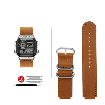 High-quality vintage leather watch strap for Casio 3299 AE-1200 AE-1300 AE-1500 SGW-300/400 w218h, 18mm, brown/black