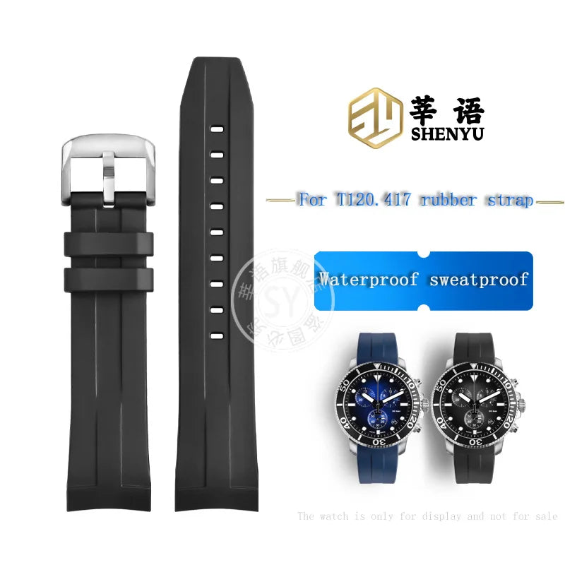 Rubber watch strap with curved interface, for Tissot 1853 Sports Starfish Seastar T series, 1853 120407 A T 120417 A 21mm 22mm strap