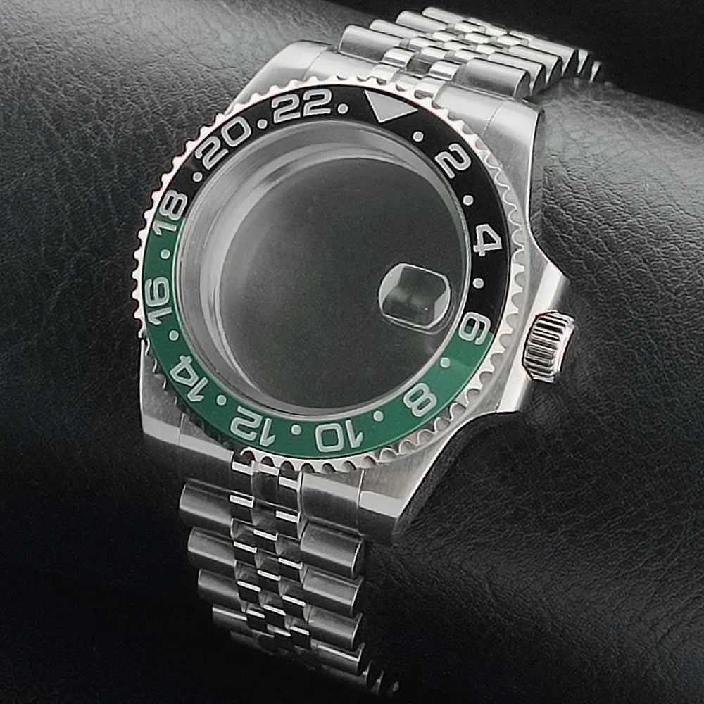 Nouveau 40.5mm GMT fit NH-34 boîtier en argent lunette peut tourner dans les deux directions saphir boîtier de montre étanche pièces de montre accessoires