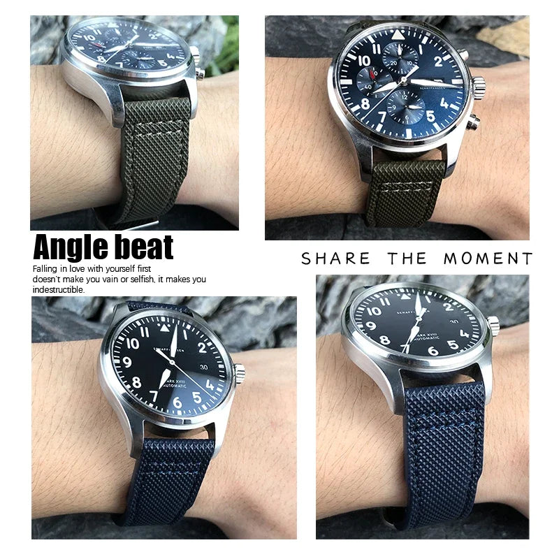 Bracelet de montre en Nylon et cuir de vache, 20mm 21mm, gaufrage en cuir véritable, vert et bleu, remplacement pour accessoires de la série pilote IWC