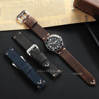 Vintage Crazy Horse Leather Watch Strap, Hand-Stitched, Cowhide, for Panerai Smart Watch 18mm 20mm 22mm 24mm 26